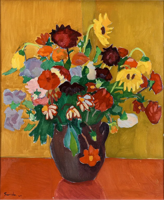 HELGE FRENDER. Stilleben med blommor i krus.