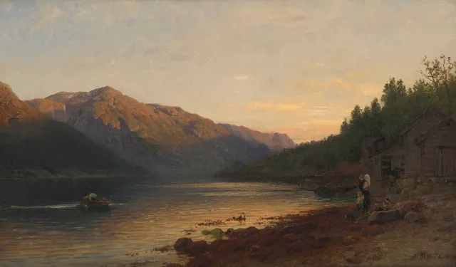 Askevold, Anders — Fjordlandskap med folkeliv, 1879