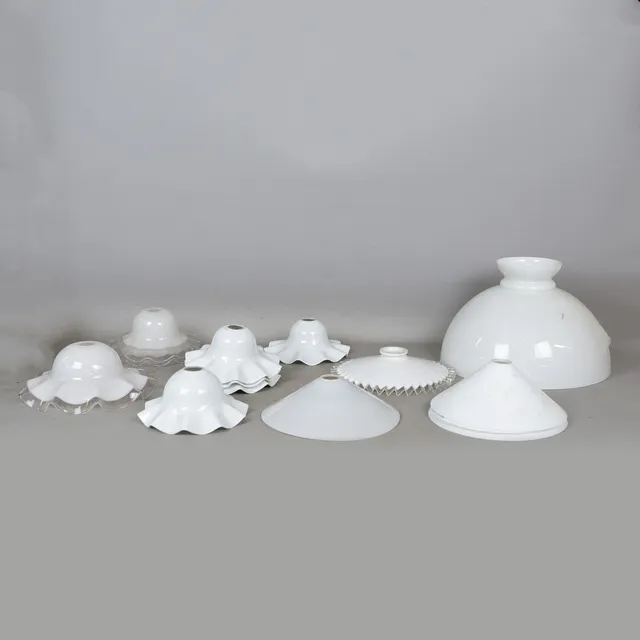A COLLECTION OF WHITE OPAQUE GLASS SHADES (QTY).