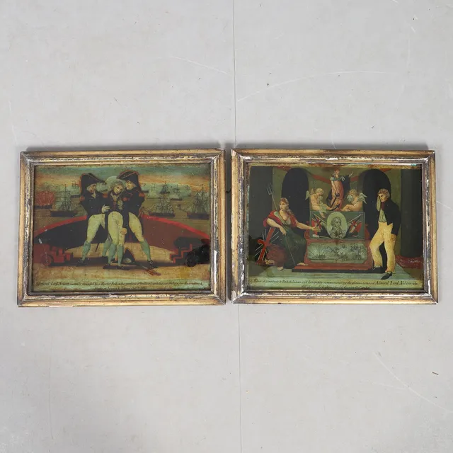 NAVAL INTEREST: A PAIR OF EARLY 19TH CENTURY REVERSE GLASS MEZZOTINTS OF LORD NELSON.
