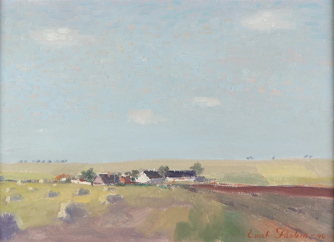 EVERT FÄRHM. Oljemålning på pannå. "Skånskt landskap". Signerad och daterad -46. — Paintings — Skånes Auktionsverk