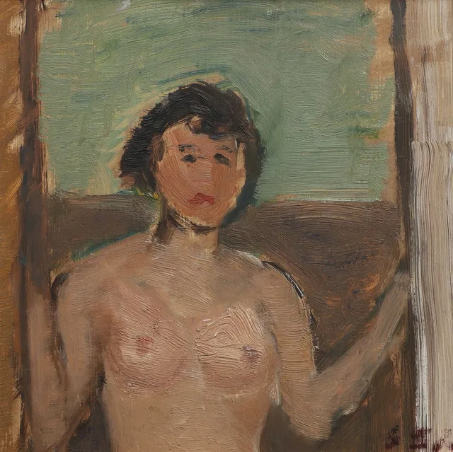 GUSTAF SJÖÖ. Olja på pannå, nakenmodell, signerad.