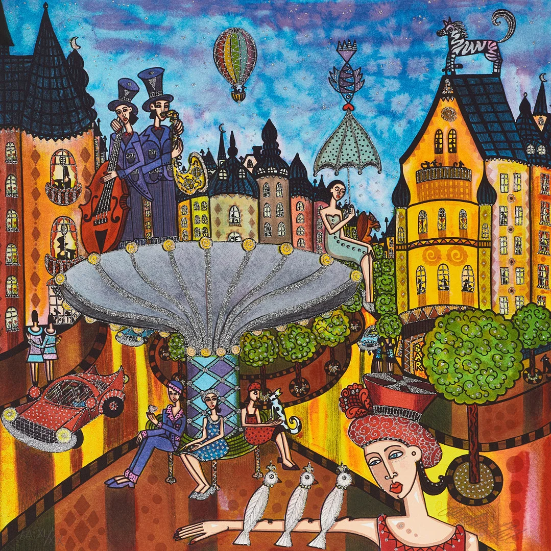 ANGELICA WIIK (född 1960), "Svampen" - ur Stockholmsdrömmar, signerad, ea, färgitografi med glitter. — Engravings & Prints — Crafoord Auktioner Stockholm