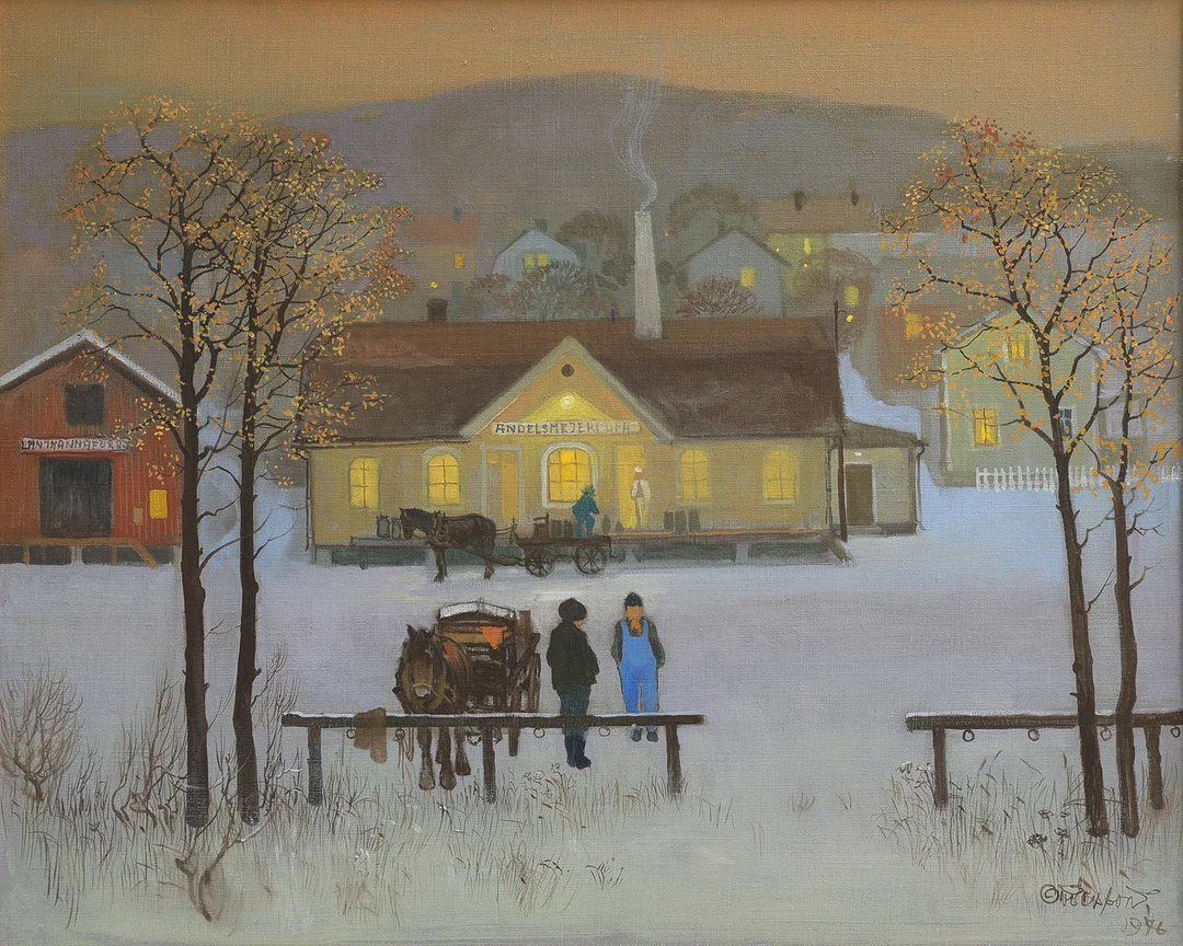 OVE PERSSON. OLJA PÅ DUK, "TILL MEJERIET", SIGNERAD OCH DATERAD 1976. — Paintings — Crafoord Auktioner Lund