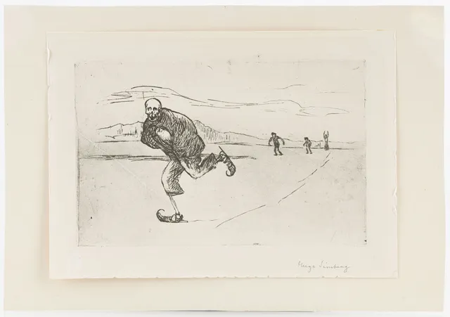 HUGO SIMBERG. "Döden på skridskor" (1899), signerad, linjeetsning och torrnål.