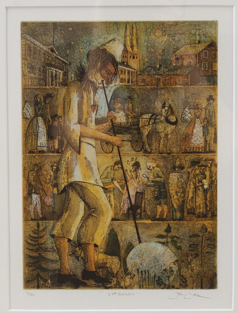 IRENE JARZ. Färgetsning, "Glasblåsaren", signerad, numrerad 4/50. — Engravings & Prints — Växjö Auktionskammare