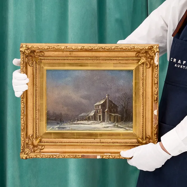 PER WILHELM CEDERGREN (Sverige, 1820-1896): Vinterlandskap med gård och figurer, signerad och daterad P.W. Cedergren -68, olja på pannå.
