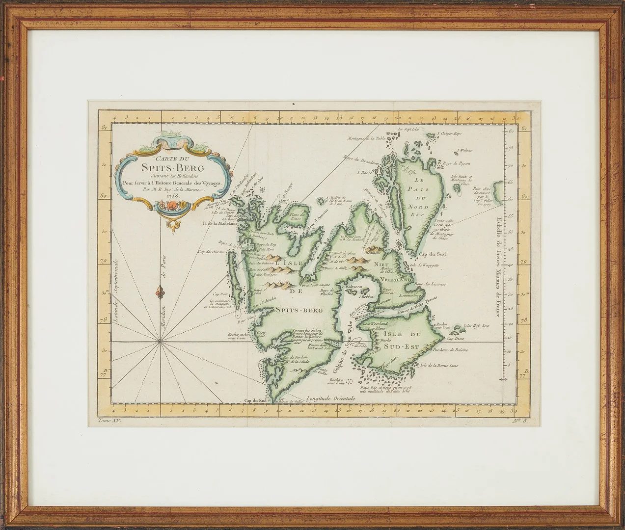 N BELLIN/ A PREVOST, Spits-Berg, Histoire Generale des Voyages, ca 1760-80, handkolorerat kopparstick. — Maps — Stockholms Auktionsverk Sickla