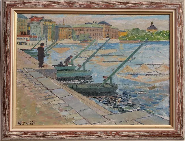 HJALMAR STRÅÅT. OLJEMÅLNING, hamnmotiv, Stockholm.
