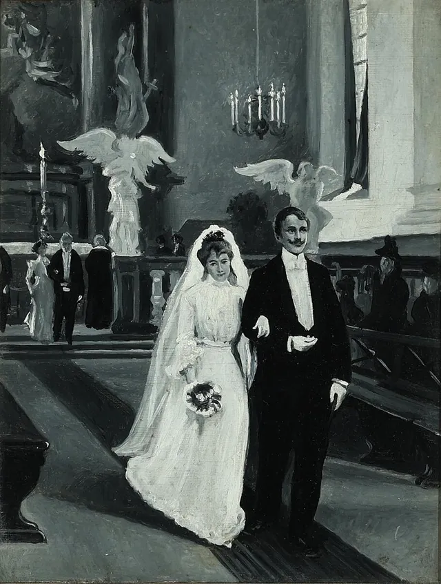 Wedding in Vor Frelsers Kirke. Unsigned. Grisaille. Oil on panel. 22×17 cm.
