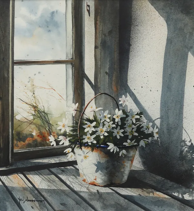 NILS ERIK JOHANSSON (FÖDD 1950). "Vårfönster", akvarell, signerad.