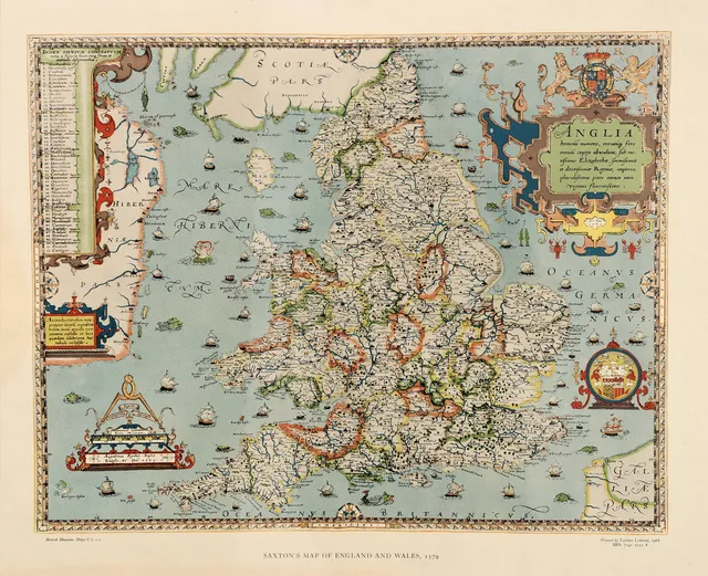 SAXTON´S MAP OF ENGLAND AND WALES. 1579, tryck efter.