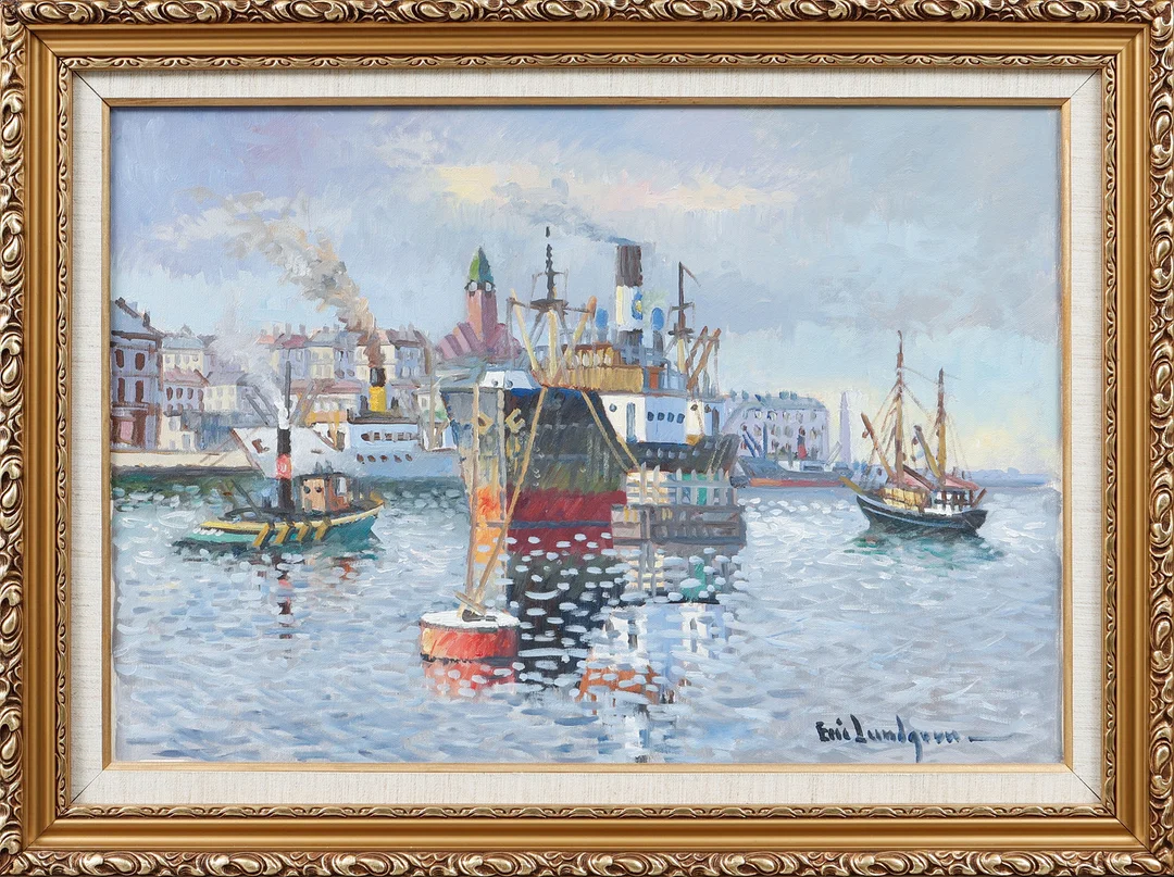 ERIC LUNDGREN. Göteborg från Göta älv, Olja på duk, signerad. — Paintings — Göteborgs Auktionsverk