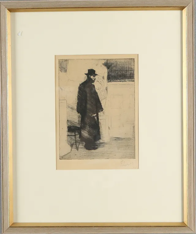 AXEL FRIDELL. "Man i kappa" (Arvid Knöppel), etsning, signerad.