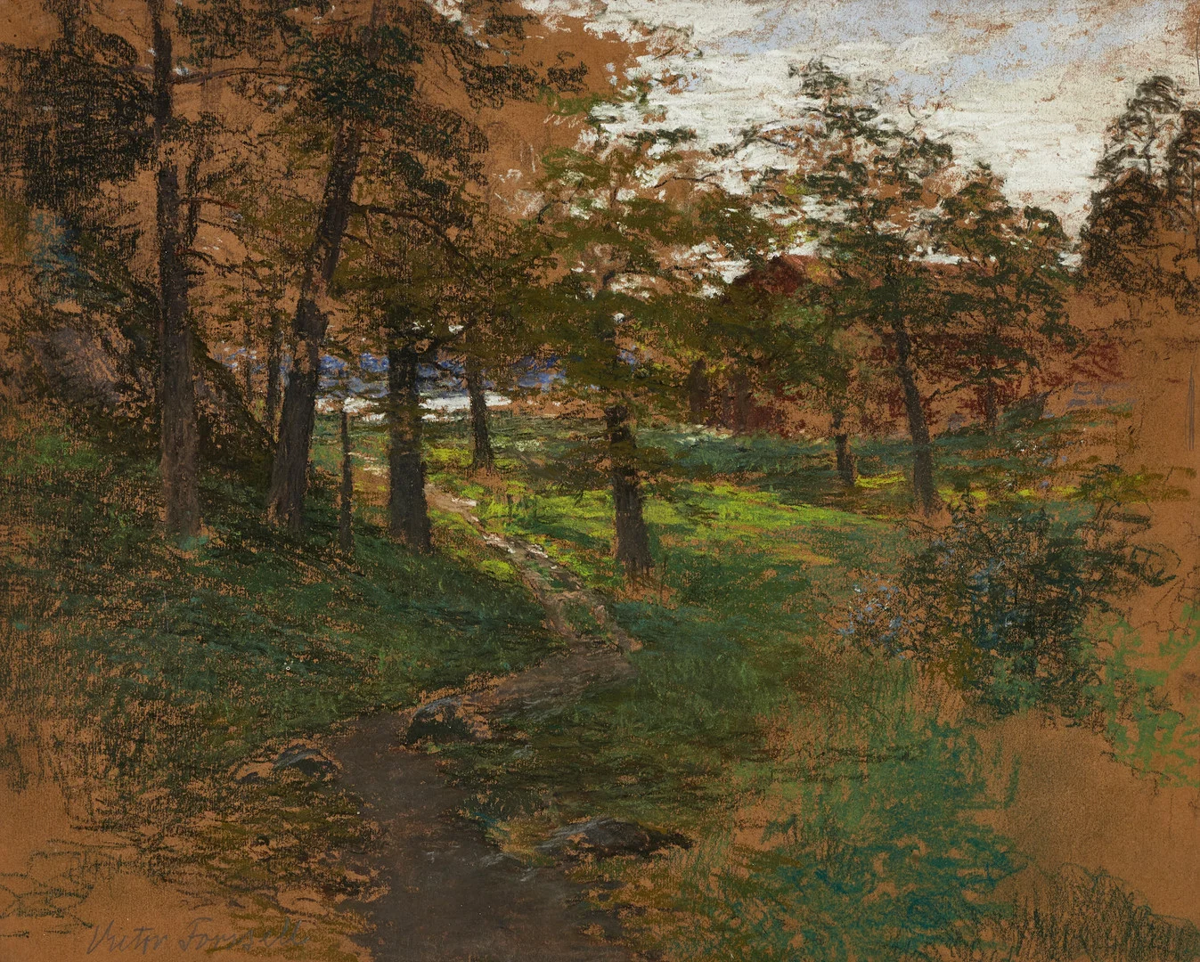 VICTOR FORSSELL (1846 - 1931), Landskap med rött hus, signerad, pastell. — Paintings — Crafoord Auktioner Stockholm