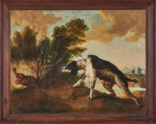 JEAN-BAPTISTE OUDRY. HANS EFTERFÖLJARE. Jaktscen med hund och hönsfåglar, olja på duk, 74 x 96 cm.