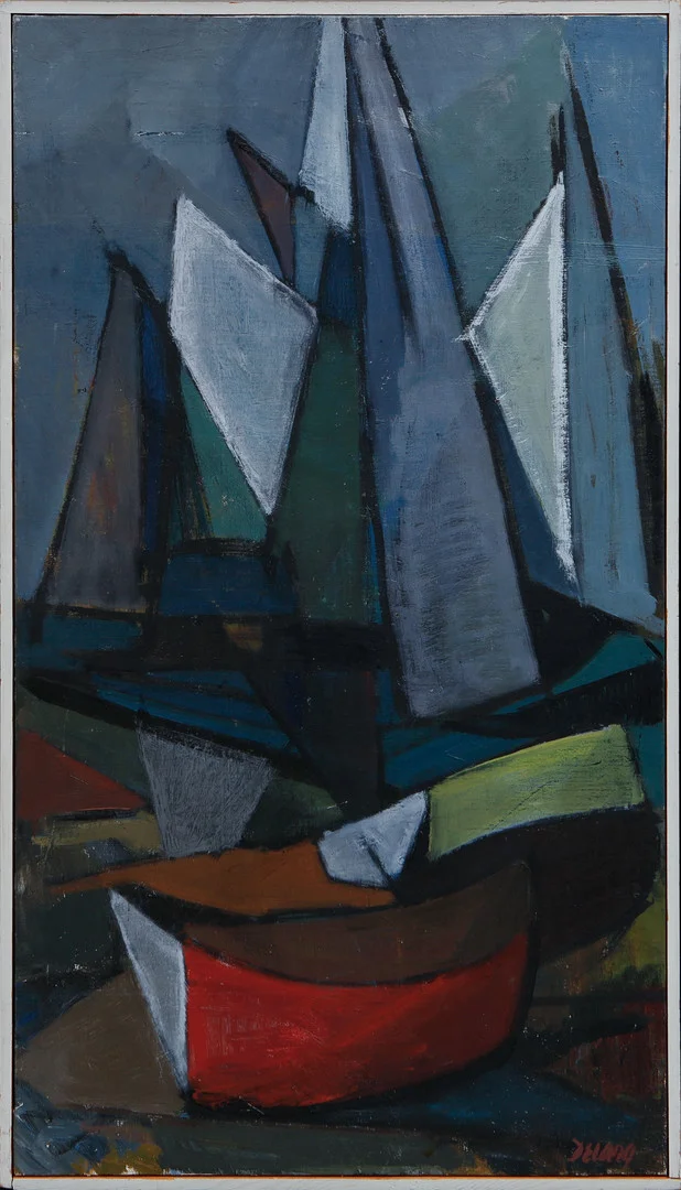 STIG DELANG. "Båtar och segel", olja på duk, signerad. — Paintings — Göteborgs Auktionsverk