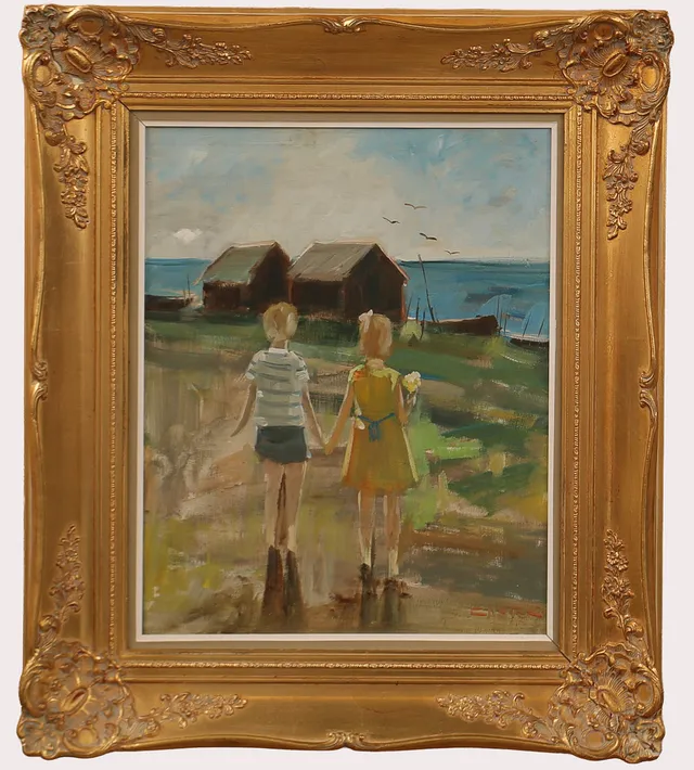 NICOLAI COSTER. Olja på duk, barn vid hav, signerad Coster.