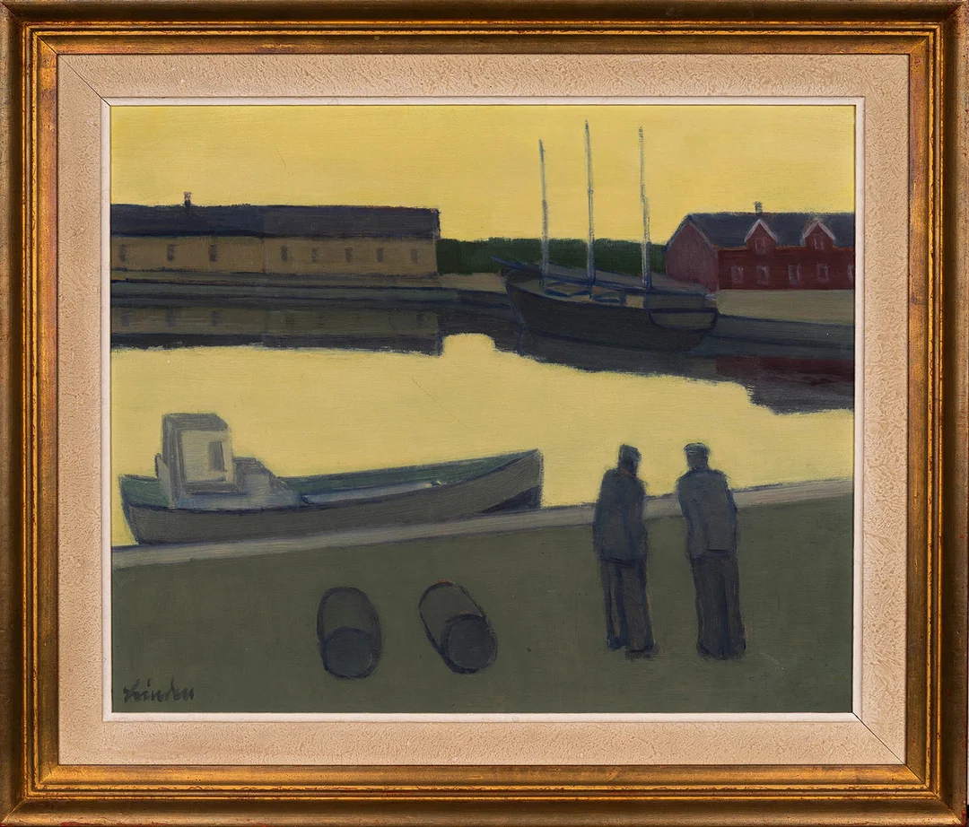 HELGE LINDEN. Olja på pannå, " Vid hamnkajen" signerad 1900-tal. — Paintings — Norrlands Auktionsverk