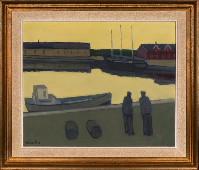 HELGE LINDEN. Olja på pannå, " Vid hamnkajen" signerad 1900-tal.