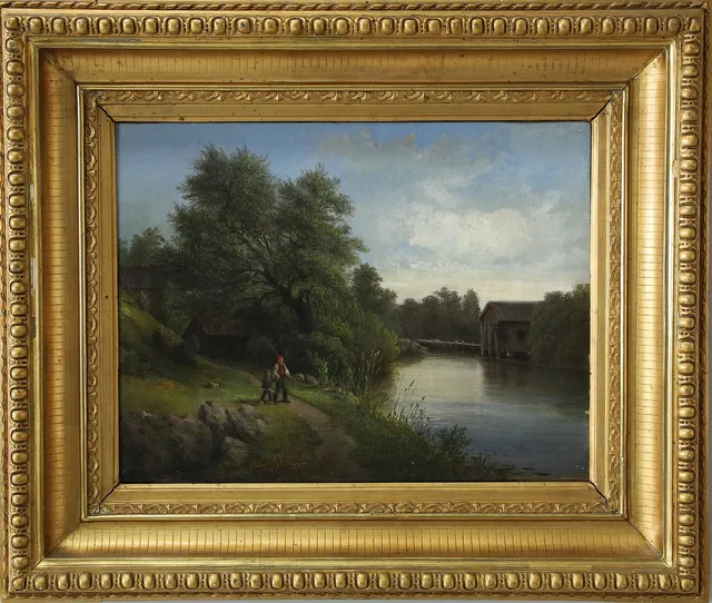 ALBERT BLOMBERGSSON. Olja på duk, fiskare vid sjö, signerad och daterad 1873.