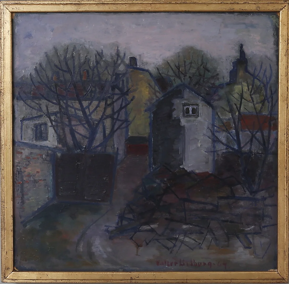 VALTER LINDBERG. "Husrivning" Kalmarmotiv, olja på pannå, signerad och daterad -64. — Paintings — Kalmar Auktionsverk