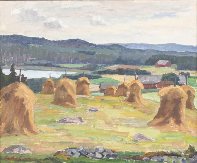 GUSTAF SVENSSON (1893-1957). Skördelandskap, Ingatorp, Småland, olja på duk, signerad och daterad 1942.