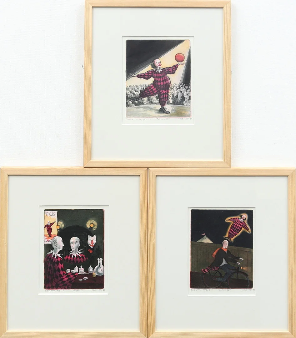 HELEN REX. Clown II, III och IV, etsningar, signerade och daterade. — Engravings & Prints — Garpenhus Auktioner