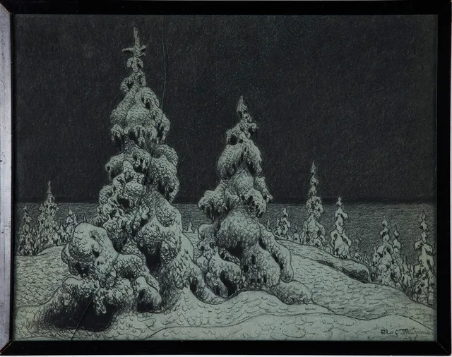 OLOF THUNMAN (1879-1944). Vinterlandskap, signerad samt daterad 22, svartkrita och kol.