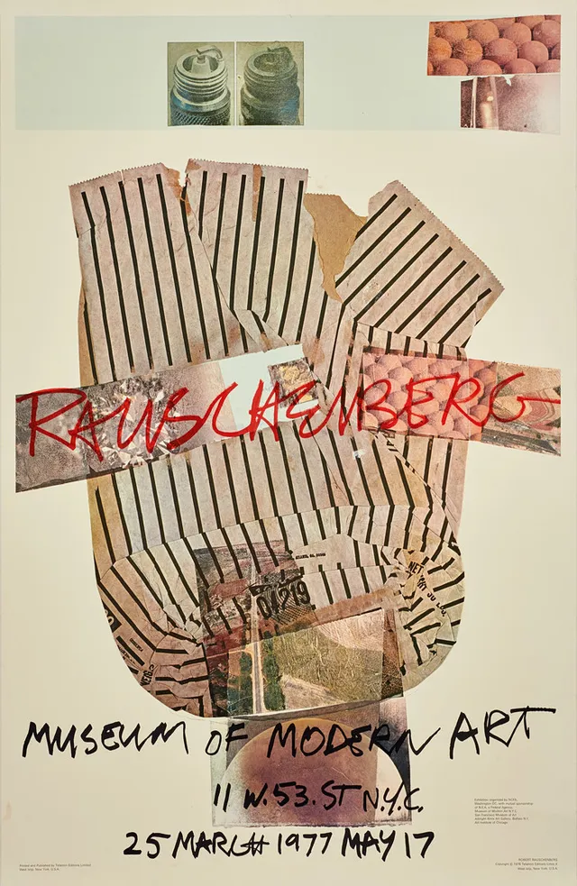 ROBERT RAUSCHENBERG. Utställningsaffisch, 1977, Museum of Modern Art, Telamon Editions Limited, New York.