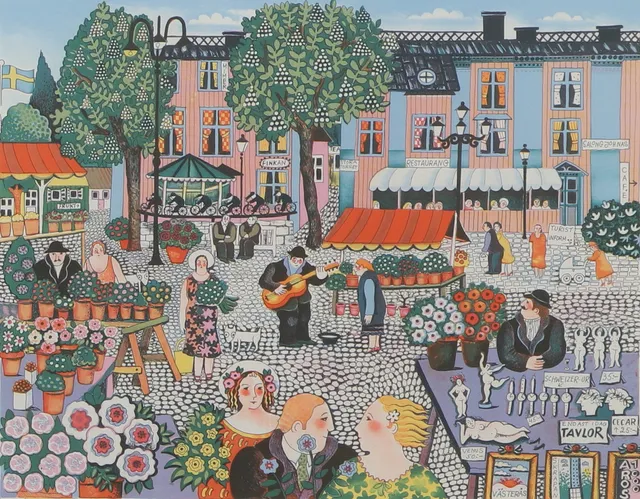 MARION BELIN. Färglitografi, "Bondtorget, Västerås", signerad, numrerad 42/250.