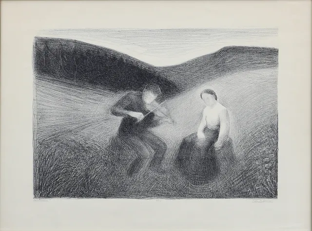 LILLA HELLESEN (NORGE 1902-1963). "Melodien" litografi nr. 68/75, signerad.