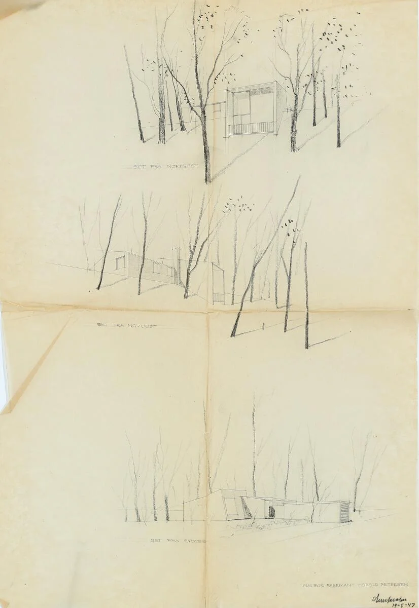 Architectural drawing. House for Manufacturer Harald Petersen. Signed Arne Jacobsen 14–5-47. Pencil on paper. Sheet size 60×41 cm. Unframed. — Modern Paintings/Modern art — Bruun Rasmussen