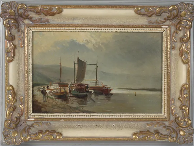 OIDENTIFIERAD KONSTNÄR. Hamnmotiv, olja på pannå, otydligt signerad, 18/1900-tal.