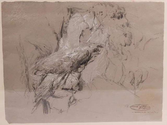 RAMÓN MARTÍ ALSINA. PAISAJE ROCOSO. DIBUJO A CARBONCILLO. CON SELLO DE TESTAMENTERÍA Y FIRMA DE SU HIJO RICARDO MARTÍ AGUILÓ.