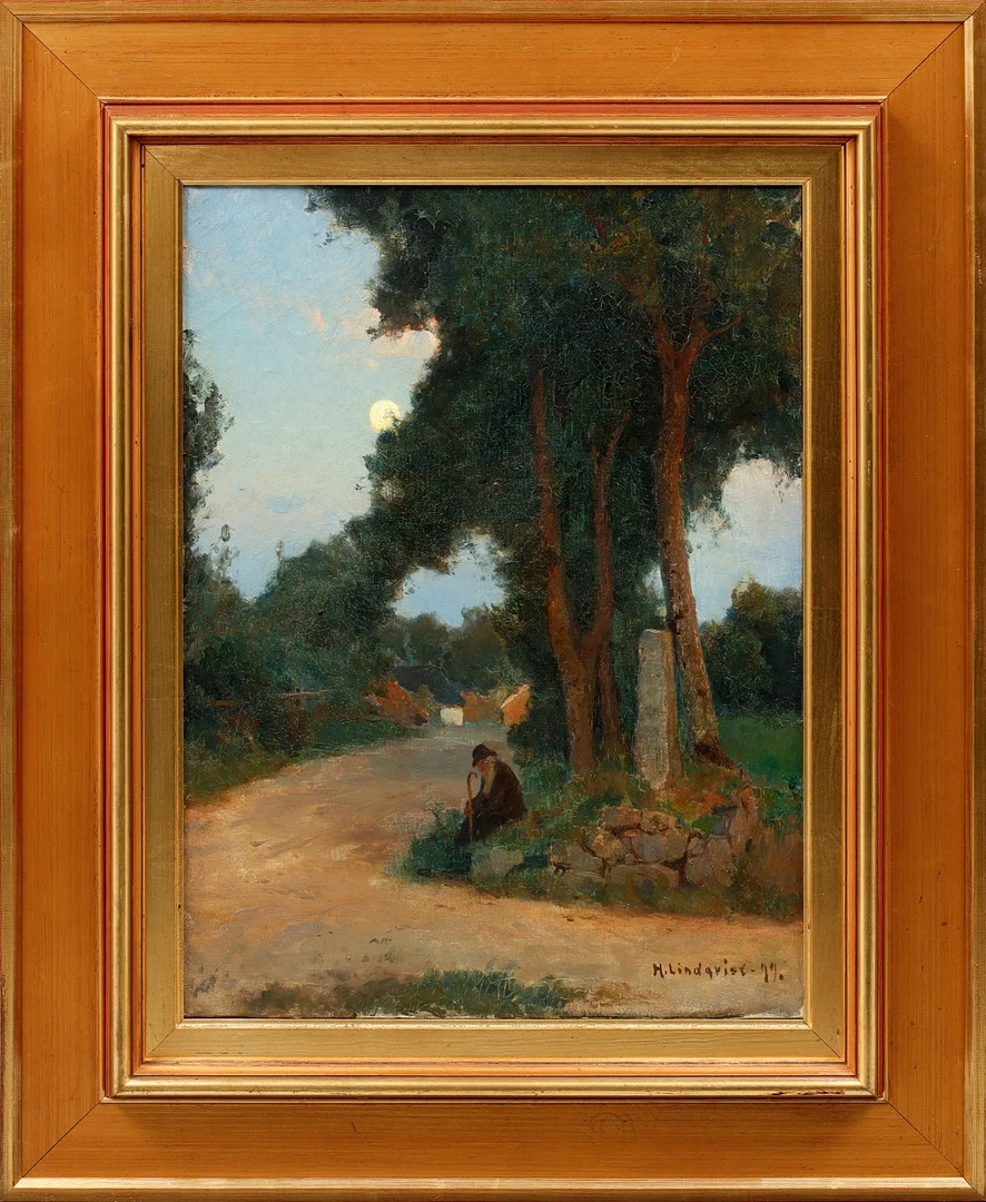 HERMAN LINDQVIST. Figur under träd, olja på duk, signerad och daterad -99. — Paintings — Göteborgs Auktionsverk