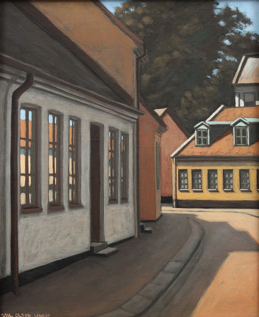 STIG OLSON (FÖDD 1947). "Adelgatan, Lund", olja på duk, signerad. — Paintings — Garpenhus Auktioner