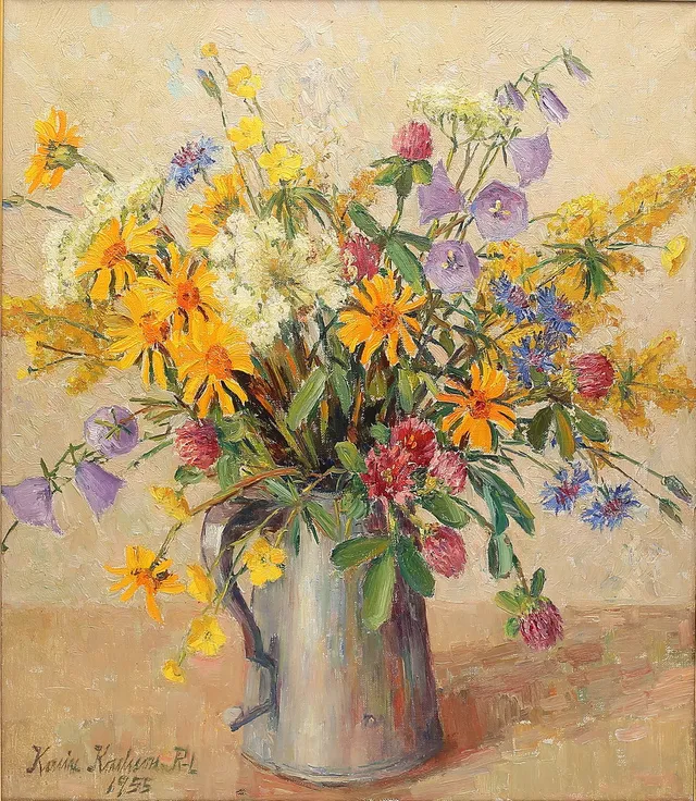 KARIN KARLSSON. Ängsblommor i stop, olja på duk, signerad, daterad 1955.
