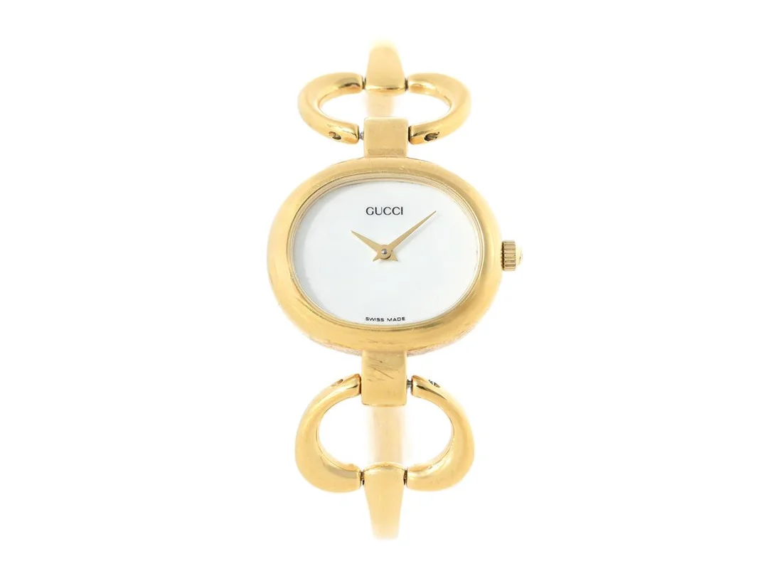 GUCCI, damur, 26 mm, Serie nr. 0060092, Boett nr. 1600, doublé (10 micron), quartz, mineralglas pärlemorurtavla, skadad urtavla, integrerad armlänk, längd 170-175 mm, ca 1995, box. — Klockor/Gucci — Kaplans