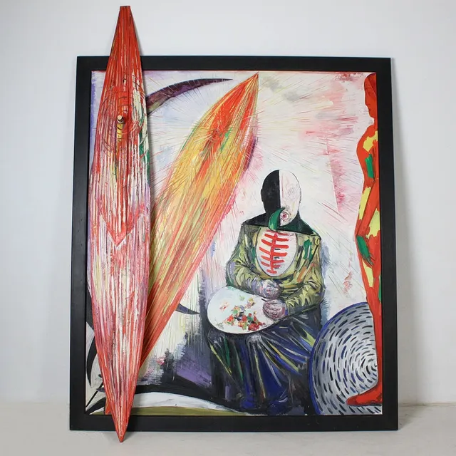 HUBERTUS GIEBE (bk). 'Samurai', 1999, Öl auf Leinwand/ Platte, signiert, 2-teilig.