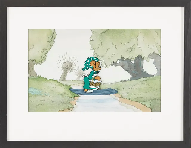 RUNE ANDRÉASSON. Bamse, handmålad filmcell ur "Vulkanutbrottet", från 1972, scen 152A, monterad på den handmålade originalbakgrunden.