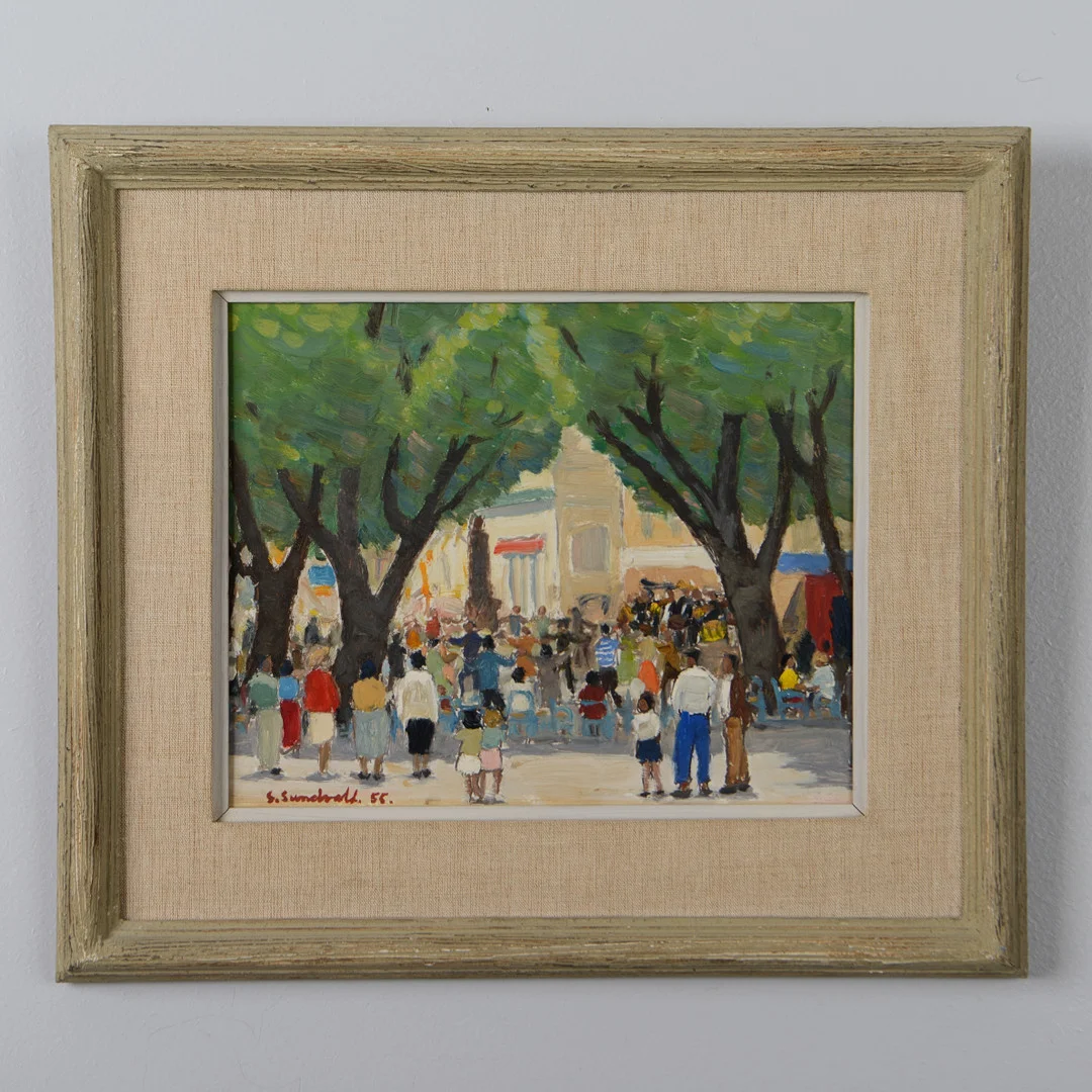 GÖSTA SUNDVALL. "Paris, Nationaldagen 14 juli", olja på pannå, signerad, daterad 55. — Paintings — Formstad Auktioner