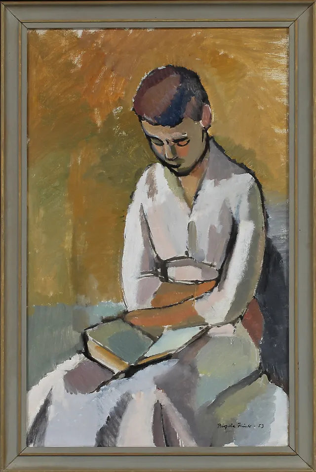 BIRGITTA FLINK. Figur som läser bok, olja på duk, signerad och daterad-53.