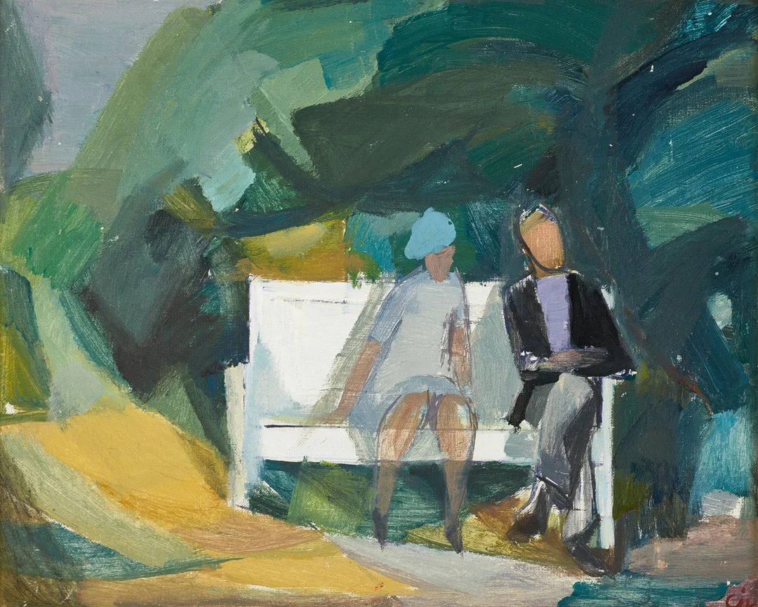 CALLE JOHANSSON (Sverige, 1910-1989), Par vid parkbänk, monogramsignerad, olja på duk. — Paintings — Crafoord Auktioner Stockholm