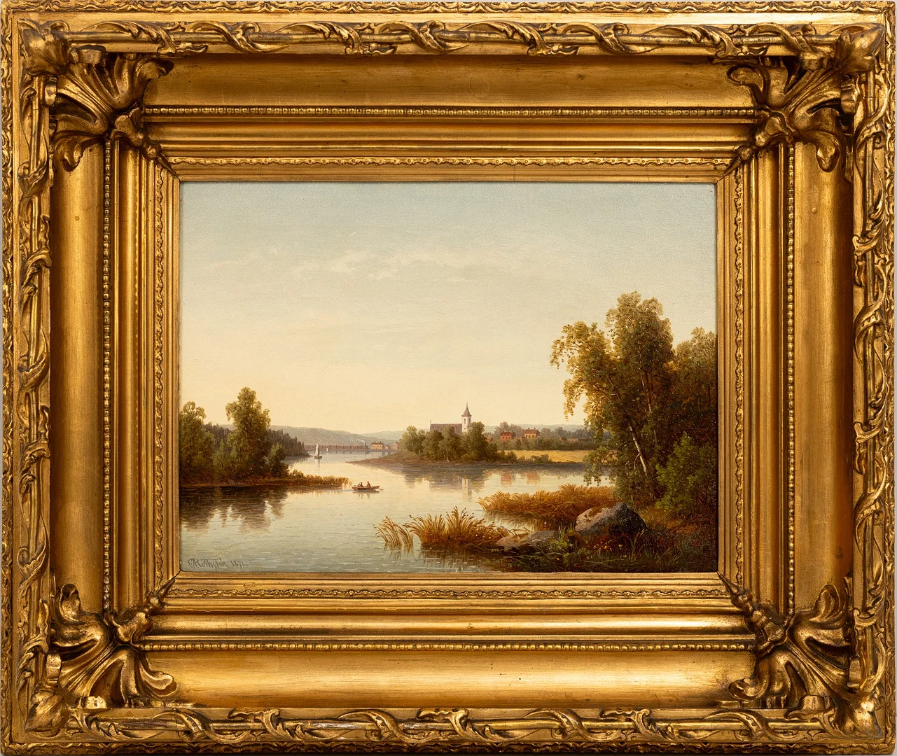 CARL ABRAHAM ROTHSTÉN (1826-1877). Flodlandskap med kyrka, olja på duk, signerad, daterad 1871. — Paintings — Auktionshuset Kolonn