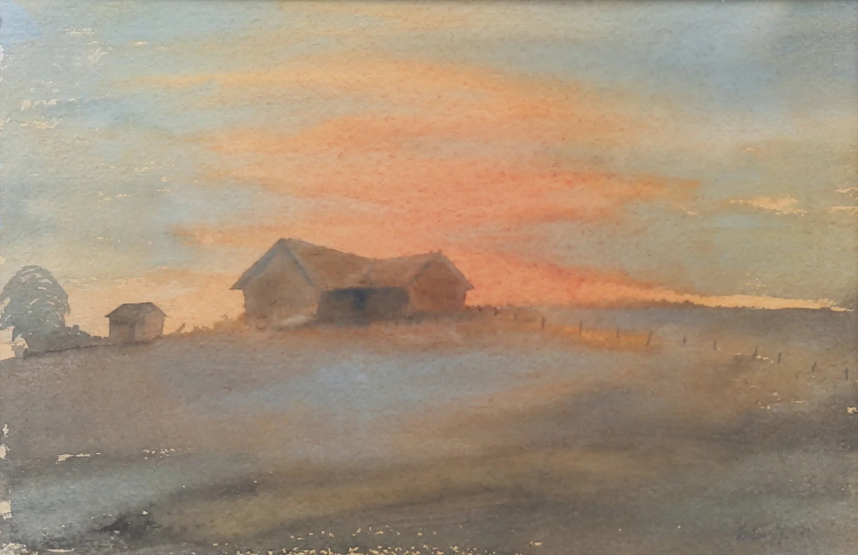 ERLING JOHANSSON. "Fähus i motljus". Akvarell, signerad och daterad -71. — Paintings — Auktionshuset Thelin & Johansson