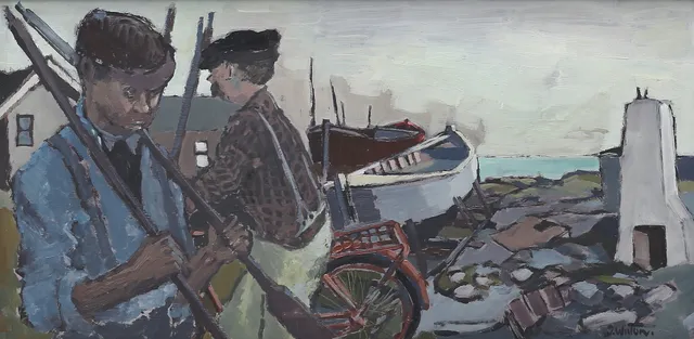 JEAN WILTON. Olja på pannå, Man med åror, otydligt signerad.