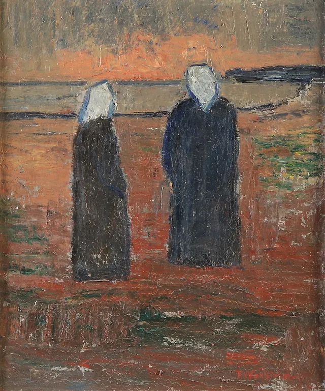 THURE WAHLSTRÖM. Oljemålning på pannå. Figurer i landskap. Signerad.