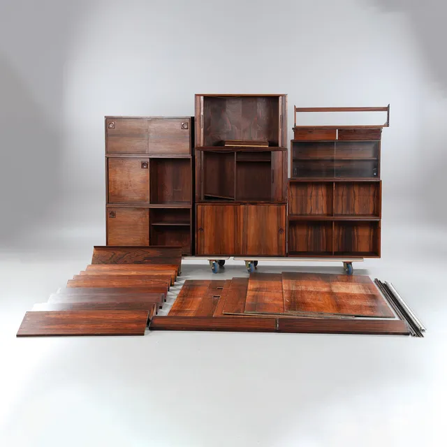 KAI KRISTIANSEN. Hyllsystem, FM-furniture, Feldballe möbelfabrik, Danmark, 1960-tal.
