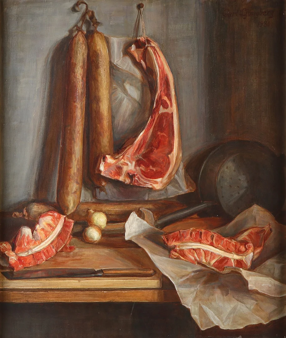 CARL LJUNGBERG. Oljemålning på duk. Stilleben med kött. Signerad och daterad 1930. — Paintings — Skånes Auktionsverk